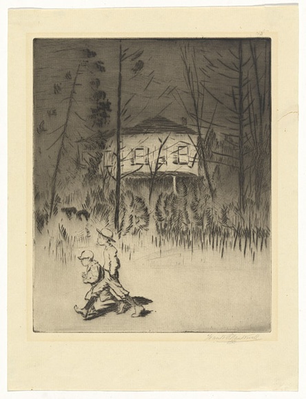 Artist: b'Nankivell, Frank A.' | Title: b'(Two young boys walking in front of house)' | Date: c.1932 | Technique: b'drypoint, printed in black ink with plate-tone, from one copper plate' Artist: b'Nankivell, Frank A.' | Title: b'(Two young boys walking in front of house)' | Date: c.1932 | Technique: b'drypoint, printed in black ink with plate-tone, from one copper plate'