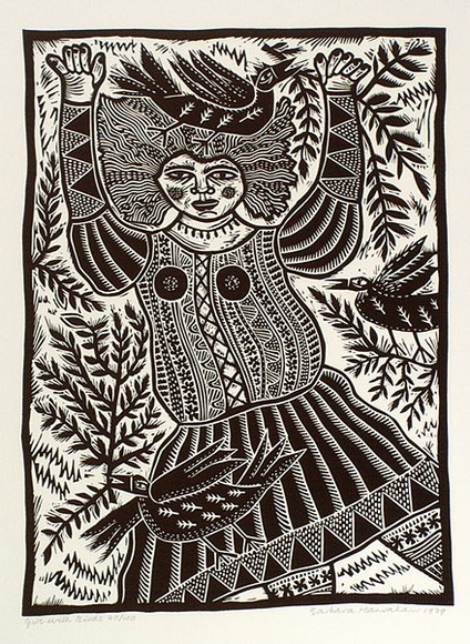 Artist: b'HANRAHAN, Barbara' | Title: b'Girl with birds.' | Date: 1989 | Technique: b'linocut, printed in black ink, from one block' Artist: b'HANRAHAN, Barbara' | Title: b'Girl with birds.' | Date: 1989 | Technique: b'linocut, printed in black ink, from one block'