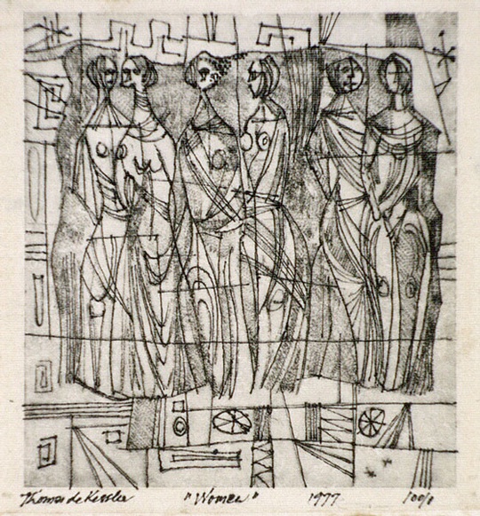 Artist: b'de Kesler, Thomas.' | Title: b'Women.' | Date: 1977 | Technique: b'etching and roulette, printed in black ink with plate-tone, from one plate' | Copyright: b'\xc2\xa9 Thomas de Kessler' Artist: b'de Kesler, Thomas.' | Title: b'Women.' | Date: 1977 | Technique: b'etching and roulette, printed in black ink with plate-tone, from one plate' | Copyright: b'\xc2\xa9 Thomas de Kessler'
