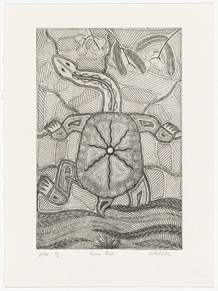 Artist: b'Nicholson, Mandy.' | Title: b'Yarra River' | Date: 2000, June | Technique: b'etching, printed in black ink, from one plate' | Copyright: b'\xc2\xa9 Mandy Nicholson. Licensed by VISCOPY, Australia.' Artist: b'Nicholson, Mandy.' | Title: b'Yarra River' | Date: 2000, June | Technique: b'etching, printed in black ink, from one plate' | Copyright: b'\xc2\xa9 Mandy Nicholson. Licensed by VISCOPY, Australia.'