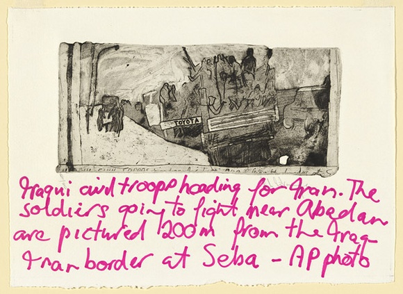 Artist: bL'Estrange, Sally. | Title: b'Iraqi civil troops heading for Iran' | Date: 1981 | Technique: b'etching and aquatint, printed in black ink, from one plate; hand-written text in pink fibre tipped pen' Artist: bL'Estrange, Sally. | Title: b'Iraqi civil troops heading for Iran' | Date: 1981 | Technique: b'etching and aquatint, printed in black ink, from one plate; hand-written text in pink fibre tipped pen'