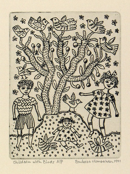 Artist: b'HANRAHAN, Barbara' | Title: b'Children with birds' | Date: 1991 | Technique: b'etching, printed in black ink with plate-tone, from one plate' Artist: b'HANRAHAN, Barbara' | Title: b'Children with birds' | Date: 1991 | Technique: b'etching, printed in black ink with plate-tone, from one plate'