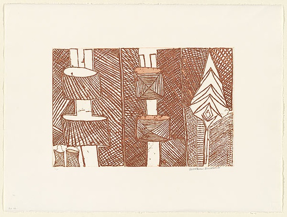 Artist: b'Farmer, Glen.' | Title: b'Two pukumani poles and one spear' | Date: 1998, July | Technique: b'etching, printed in brown ink, from one zinc plate' Artist: b'Farmer, Glen.' | Title: b'Two pukumani poles and one spear' | Date: 1998, July | Technique: b'etching, printed in brown ink, from one zinc plate'
