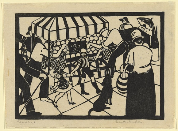 Artist: b'RICHARDSON, E. W.' | Title: b'(The fruit barrow)' | Date: c.1932 | Technique: b'linocut, printed in black ink, from one block' Artist: b'RICHARDSON, E. W.' | Title: b'(The fruit barrow)' | Date: c.1932 | Technique: b'linocut, printed in black ink, from one block'