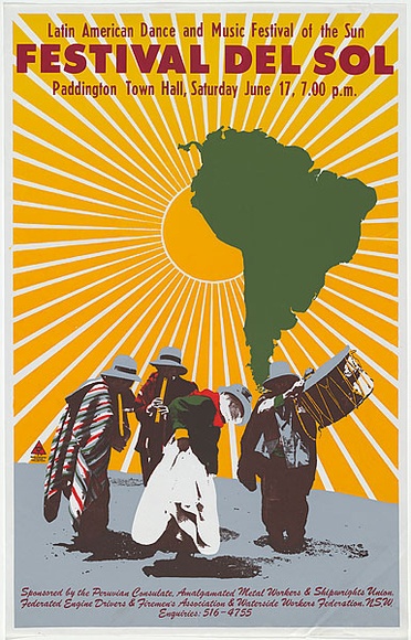 Artist: b'MACKINOLTY, Chips' | Title: b'Latin American dance and music festival of the sun. Festival del sol [1978]' | Date: 1978 | Technique: b'screenprint, printed in colour, from multiple stencils'