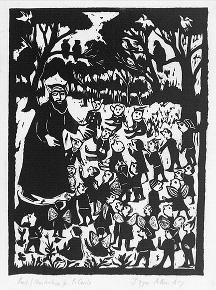 Artist: b'Allen, Joyce.' | Title: b'(Meeting in the Grove with Wizard Agonis) (Illustration 1).' | Date: 1987 | Technique: b'linocut, printed in black ink, from one block' Artist: b'Allen, Joyce.' | Title: b'(Meeting in the Grove with Wizard Agonis) (Illustration 1).' | Date: 1987 | Technique: b'linocut, printed in black ink, from one block'