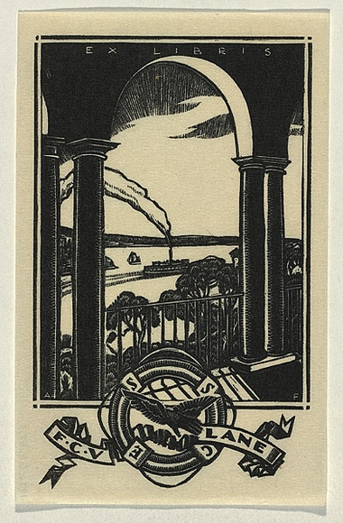 Artist: b'FEINT, Adrian' | Title: b'Bookplate: F C V Lane.' | Date: 1932 | Technique: b'wood-engraving' | Copyright: b'Courtesy the Estate of Adrian Feint' Artist: b'FEINT, Adrian' | Title: b'Bookplate: F C V Lane.' | Date: 1932 | Technique: b'wood-engraving' | Copyright: b'Courtesy the Estate of Adrian Feint'