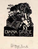Artist: b'OGILVIE, Helen' | Title: b'not titled [Latin books and doll; trees on hill in background].' | Date: c.1937 | Technique: b'wood-engraving, printed in black ink, from one block'