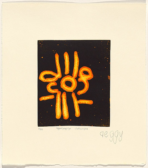 Artist: b'Poulson, Peggy Napururrla.' | Title: b'ngalyajiyi jukurrpa' | Date: 2003 | Technique: b'etching, on one zinc plate'