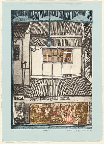 Artist: b'Davidson, Barbara.' | Title: b'Redfern 3.' | Date: 1984 | Technique: b'etching, printed in warm black ink, from one plate; hand coloured' Artist: b'Davidson, Barbara.' | Title: b'Redfern 3.' | Date: 1984 | Technique: b'etching, printed in warm black ink, from one plate; hand coloured'