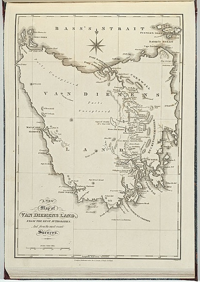 Artist: b'TYRER, J' | Title: b'A new map of Van Diemens Land. From the best authorities. And from the most recent surveys.' | Date: 1826 | Technique: b'engraving, printed in black ink, from one copper plate' Artist: b'TYRER, J' | Title: b'A new map of Van Diemens Land. From the best authorities. And from the most recent surveys.' | Date: 1826 | Technique: b'engraving, printed in black ink, from one copper plate'