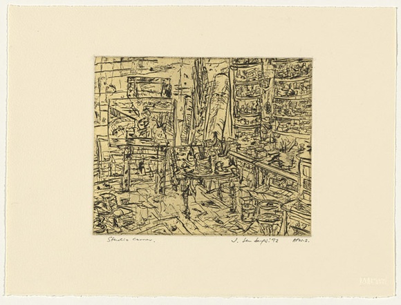 Artist: b'Senbergs, Jan.' | Title: b'Studio corner' | Date: 1992 | Technique: b'etching, printed in black ink, from one plate' | Copyright: b'\xc2\xa9 Jan Senbergs' Artist: b'Senbergs, Jan.' | Title: b'Studio corner' | Date: 1992 | Technique: b'etching, printed in black ink, from one plate' | Copyright: b'\xc2\xa9 Jan Senbergs'