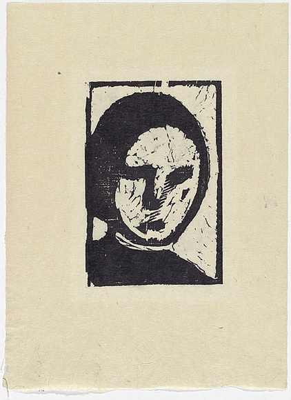 Artist: b'MADDOCK, Bea' | Title: b'Mask head' | Date: 1964 | Technique: b'woodcut, printed in black ink, from two pine blocks' Artist: b'MADDOCK, Bea' | Title: b'Mask head' | Date: 1964 | Technique: b'woodcut, printed in black ink, from two pine blocks'
