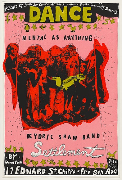 Artist: b'WORSTEAD, Paul' | Title: b'Dance-Mental as anything - Kydric Shaw Band-Settlement' | Date: 1978 | Technique: b'screenprint, printed in colour, from four stencils' | Copyright: b'This work appears on screen courtesy of the artist' Artist: b'WORSTEAD, Paul' | Title: b'Dance-Mental as anything - Kydric Shaw Band-Settlement' | Date: 1978 | Technique: b'screenprint, printed in colour, from four stencils' | Copyright: b'This work appears on screen courtesy of the artist'