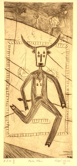 Artist: b'White, Nigel.' | Title: b'Horn man' | Date: 1991 | Technique: b'drypoint, printed in sepia ink, from one plate' Artist: b'White, Nigel.' | Title: b'Horn man' | Date: 1991 | Technique: b'drypoint, printed in sepia ink, from one plate'