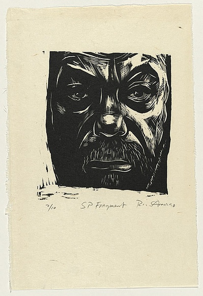 Artist: b'AMOR, Rick' | Title: b'Self portrait fragment.' | Date: 1990 | Technique: b'woodcut, printed in black ink, from one block'