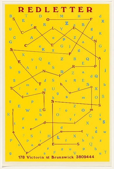 Artist: b'Clutterbuck, Bob.' | Title: b'Redletter.' | Date: 1984 | Technique: b'screenprint, printed in colour, from multiple stencils' Artist: b'Clutterbuck, Bob.' | Title: b'Redletter.' | Date: 1984 | Technique: b'screenprint, printed in colour, from multiple stencils'