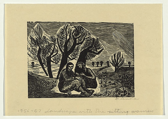 Artist: b'Groblicka, Lidia.' | Title: b'Landscape with sitting women' | Date: 1956-57 | Technique: b'woodcut, printed in black ink, from one block' Artist: b'Groblicka, Lidia.' | Title: b'Landscape with sitting women' | Date: 1956-57 | Technique: b'woodcut, printed in black ink, from one block'
