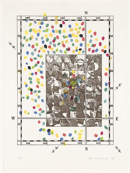 Artist: b'MADDOCK, Bea' | Title: b'Gathering' | Date: 1999 | Technique: b'photo-etching, mechanical engraving and roulette, printed in black ink, from one zinc plate; letterpress, printed in black ink; colour ink-wash stencil' Artist: b'MADDOCK, Bea' | Title: b'Gathering' | Date: 1999 | Technique: b'photo-etching, mechanical engraving and roulette, printed in black ink, from one zinc plate; letterpress, printed in black ink; colour ink-wash stencil'