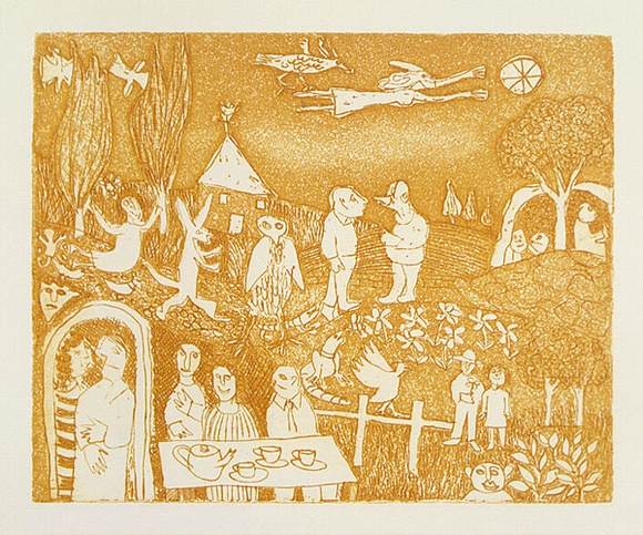 Artist: b'Allen, Joyce.' | Title: b'(Tea party).' | Date: (1980s) | Technique: b'etching, aquatint printed in ochre, from one plate' Artist: b'Allen, Joyce.' | Title: b'(Tea party).' | Date: (1980s) | Technique: b'etching, aquatint printed in ochre, from one plate'