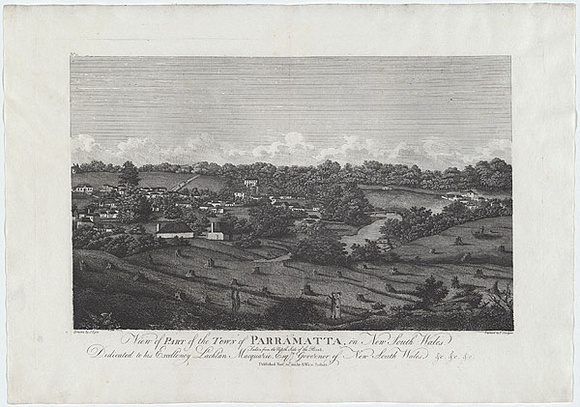 Title: b'View of part of the town of Parramatta in New South Wales. Taken from the north side of the river.' | Date: 1812 | Technique: b'engraving, printed in black ink, from one copper plate' Title: b'View of part of the town of Parramatta in New South Wales. Taken from the north side of the river.' | Date: 1812 | Technique: b'engraving, printed in black ink, from one copper plate'