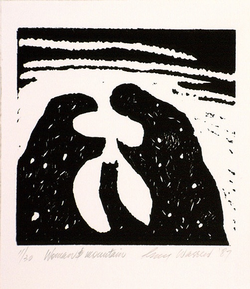 Artist: b'Warren, Guy.' | Title: b'Woman and mountain.' | Date: 1987 | Technique: b'linocut, printed in black ink, from one block' Artist: b'Warren, Guy.' | Title: b'Woman and mountain.' | Date: 1987 | Technique: b'linocut, printed in black ink, from one block'