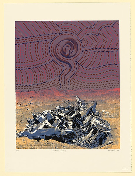Artist: b'Newmarch, Ann.' | Title: b'200 years: Willy Willy' | Date: 1988 | Technique: b'photo-screenprint, printed in colour, from multiple stencils' Artist: b'Newmarch, Ann.' | Title: b'200 years: Willy Willy' | Date: 1988 | Technique: b'photo-screenprint, printed in colour, from multiple stencils'