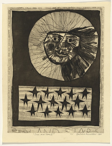 Artist: b'HANRAHAN, Barbara' | Title: b'Sun and stars I' | Date: 1964 | Technique: b'etching, aquatint, printed in black ink with plate-tone, from one plate' Artist: b'HANRAHAN, Barbara' | Title: b'Sun and stars I' | Date: 1964 | Technique: b'etching, aquatint, printed in black ink with plate-tone, from one plate'