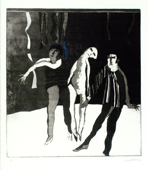 Artist: b'BALDESSIN, George' | Title: b'Performers and tinsel.' | Date: 1966 | Technique: b'etching and aquatint, printed in colour, from multiple plates' Artist: b'BALDESSIN, George' | Title: b'Performers and tinsel.' | Date: 1966 | Technique: b'etching and aquatint, printed in colour, from multiple plates'