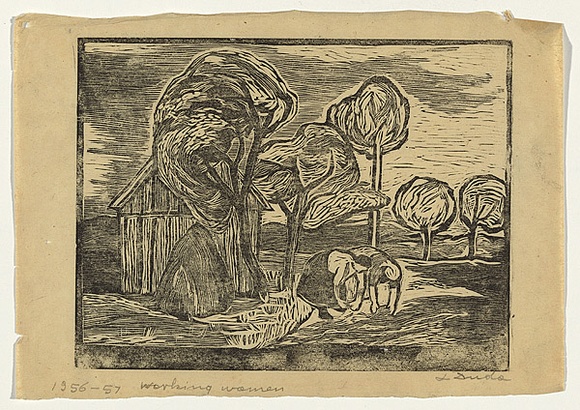 Artist: b'Groblicka, Lidia.' | Title: b'Working women' | Date: 1956-57 | Technique: b'woodcut, printed in black ink, from one block' Artist: b'Groblicka, Lidia.' | Title: b'Working women' | Date: 1956-57 | Technique: b'woodcut, printed in black ink, from one block'