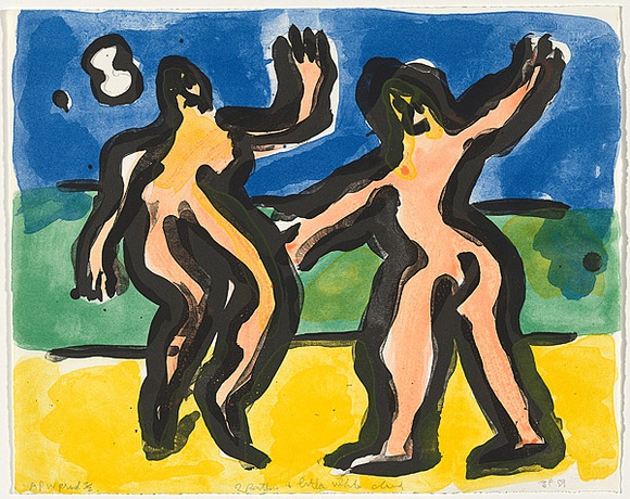 Artist: b'Furlonger, Joe.' | Title: b'2 bathers and little white cloud' | Date: 1989 | Technique: b'lithograph, printed in colour, from five stones' Artist: b'Furlonger, Joe.' | Title: b'2 bathers and little white cloud' | Date: 1989 | Technique: b'lithograph, printed in colour, from five stones'