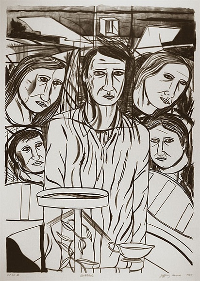 Artist: b'Harris, Jeffrey.' | Title: b'Untitled (five figures)' | Date: 1987 | Technique: b'lithograph, printed in colour, from multiple stones' Artist: b'Harris, Jeffrey.' | Title: b'Untitled (five figures)' | Date: 1987 | Technique: b'lithograph, printed in colour, from multiple stones'