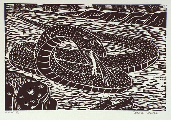 Artist: b'Laurel, Steven.' | Title: b'The snake at the two kids' | Date: 2001, August - September | Technique: b'linocut, printed in black ink, from one block' Artist: b'Laurel, Steven.' | Title: b'The snake at the two kids' | Date: 2001, August - September | Technique: b'linocut, printed in black ink, from one block'