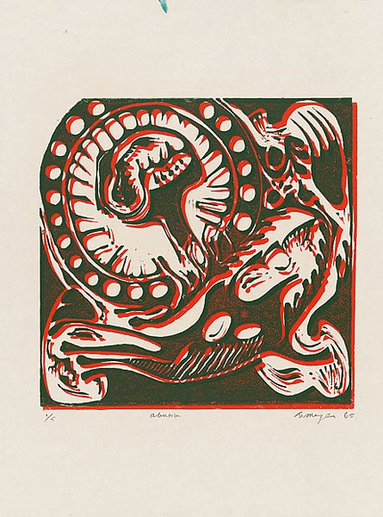 Artist: b'MEYER, Bill' | Title: b'Abortion logo for Bea Faust' | Date: 1964 | Technique: b'linocut, printed in two colours, from reduction block process' | Copyright: b'\xc2\xa9 Bill Meyer' Artist: b'MEYER, Bill' | Title: b'Abortion logo for Bea Faust' | Date: 1964 | Technique: b'linocut, printed in two colours, from reduction block process' | Copyright: b'\xc2\xa9 Bill Meyer'