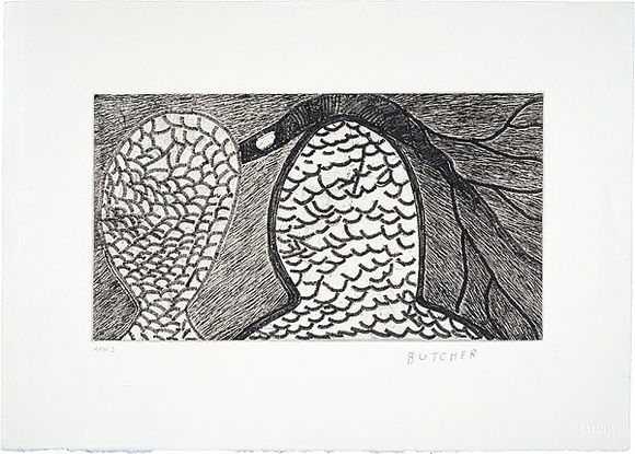Artist: b'Cherel, Kumanjayi (Butcher).' | Title: b'Ant beds and fallen stick' | Date: 1995, October-November | Technique: b'etching, printed in black ink, from one plate' Artist: b'Cherel, Kumanjayi (Butcher).' | Title: b'Ant beds and fallen stick' | Date: 1995, October-November | Technique: b'etching, printed in black ink, from one plate'