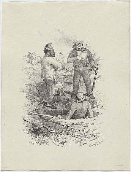 Artist: b'GILL, S.T.' | Title: b'License inspected, Forrest Creek.' | Date: 1852 | Technique: b'lithograph, printed in black ink, from one stone' Artist: b'GILL, S.T.' | Title: b'License inspected, Forrest Creek.' | Date: 1852 | Technique: b'lithograph, printed in black ink, from one stone'