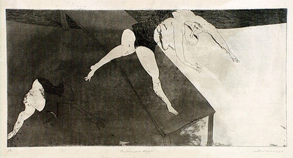 Artist: b'BALDESSIN, George' | Title: b'Performers and table.' | Date: 1964 | Technique: b'etching and aquatint, printed in black ink, from one plate' Artist: b'BALDESSIN, George' | Title: b'Performers and table.' | Date: 1964 | Technique: b'etching and aquatint, printed in black ink, from one plate'