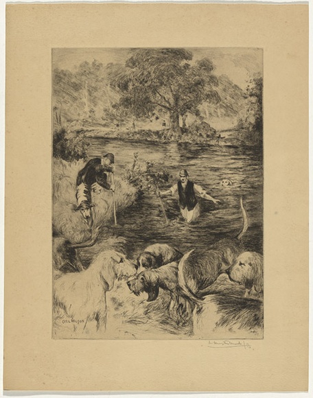Artist: b'FULLWOOD, A.H.' | Title: b'Otter hunting: a check.' | Date: 1913 | Technique: b'etching, printed in black ink, from one plate' Artist: b'FULLWOOD, A.H.' | Title: b'Otter hunting: a check.' | Date: 1913 | Technique: b'etching, printed in black ink, from one plate'