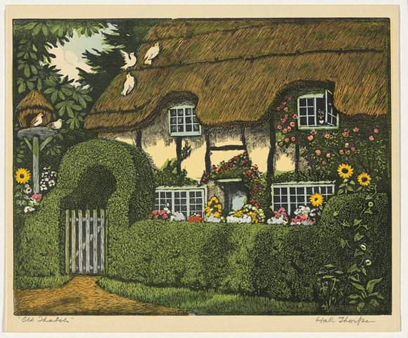 Artist: b'Thorpe, Hall.' | Title: b'Old thatch' | Date: c.1925 | Technique: b'woodcut, printed in colour, from multiple blocks' Artist: b'Thorpe, Hall.' | Title: b'Old thatch' | Date: c.1925 | Technique: b'woodcut, printed in colour, from multiple blocks'