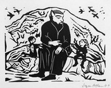 Artist: b'Allen, Joyce.' | Title: b'(Pai Korri showing the magic wand to Wizard Agonis) (Illustration 4).' | Date: 1987 | Technique: b'linocut, printed in black ink, from one block'