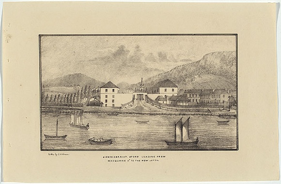 Artist: b'Atkinson, Charles.' | Title: b'Commissariat store leading from Macquarie street to the new jetty.' | Date: 1833 | Technique: b'lithograph, printed in black ink, from one stone' Artist: b'Atkinson, Charles.' | Title: b'Commissariat store leading from Macquarie street to the new jetty.' | Date: 1833 | Technique: b'lithograph, printed in black ink, from one stone'