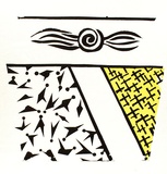 Artist: MERD INTERNATIONAL | Title: (Black and white design with yellow crosshatched triangle No.7) | Date: 1984 | Technique: screenprint