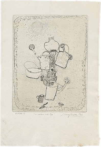 Artist: b'WALKER, Murray' | Title: b'An outdoor still life.' | Date: 1966 | Technique: b'etching, printed in black ink, from one plate'