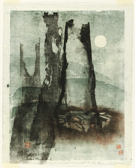 Artist: b'Thorpe, Lesbia.' | Title: b'Mountain village.' | Date: 1978 | Technique: b'woodcut, printed in colour, from three blocks' Artist: b'Thorpe, Lesbia.' | Title: b'Mountain village.' | Date: 1978 | Technique: b'woodcut, printed in colour, from three blocks'