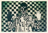 Artist: McDiarmid, David. | Title: not titled [black and white man, angular]: postcard from the series Urban Tribalwear. | Date: (1980) | Technique: photocopy, printed in colour | Copyright: Courtesy of copyright owner, Merlene Gibson (sister)