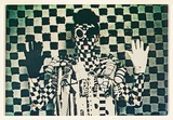 Artist: McDiarmid, David. | Title: not titled [black and white man, angular]: postcard from the series Urban Tribalwear. | Date: (1980) | Technique: photocopy, printed in colour | Copyright: Courtesy of copyright owner, Merlene Gibson (sister)
