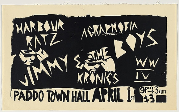 Artist: b'UNKNOWN' | Title: b'Harbour Ratz, Jimmy and the boys...Paddo Town Hall' | Date: 1978 | Technique: b'screenprint, printed in black ink, from one stencil' Artist: b'UNKNOWN' | Title: b'Harbour Ratz, Jimmy and the boys...Paddo Town Hall' | Date: 1978 | Technique: b'screenprint, printed in black ink, from one stencil'