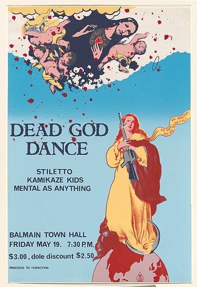 Artist: b'McMahon, Marie.' | Title: b'Dead God dance' | Date: 1978 | Technique: b'screenprint, printed in colour, from multiple stencils' | Copyright: b'\xc2\xa9 Marie McMahon. Licensed by VISCOPY, Australia' Artist: b'McMahon, Marie.' | Title: b'Dead God dance' | Date: 1978 | Technique: b'screenprint, printed in colour, from multiple stencils' | Copyright: b'\xc2\xa9 Marie McMahon. Licensed by VISCOPY, Australia'