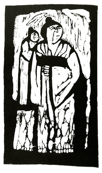Artist: b'LAWTON, Tina' | Title: b'(Two women)' | Date: c.1963 | Technique: b'linocut, printed in black ink, from one block'