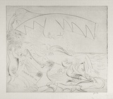 Artist: BOYD, Arthur | Title: Bert Hinkler; his wife and lion and letter. | Date: (1968-69) | Technique: etching, printed in black ink, from one plate | Copyright: Reproduced with permission of Bundanon Trust